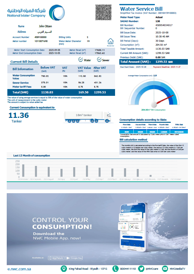 Saudi Arabia National Water Company utility bill template in Word and PDF formats